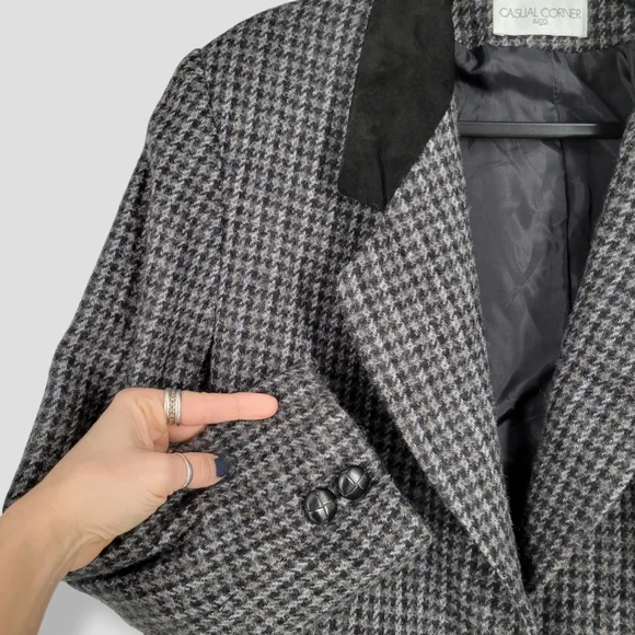 VINTAGE CASUAL CORNER Houndstooth Tweed Blazer Grey - Picture 9 of 17